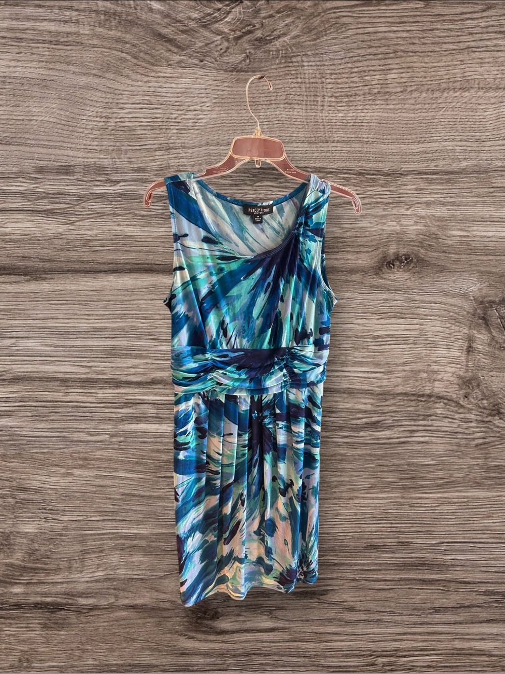 Vintage Perceptions New York blue teal green white abstract print dress Size 14